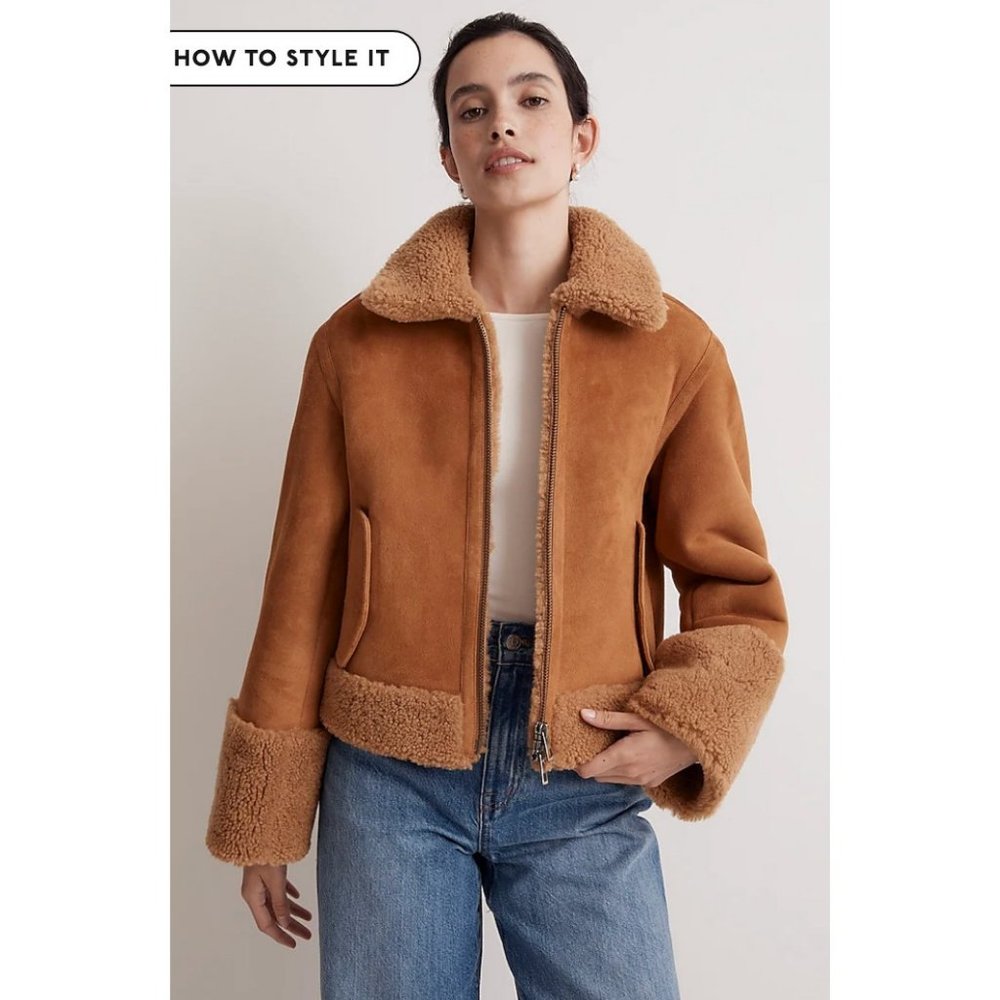 Madewell $748 Shearling Zip Front Jacket in Toffee Size S NM562